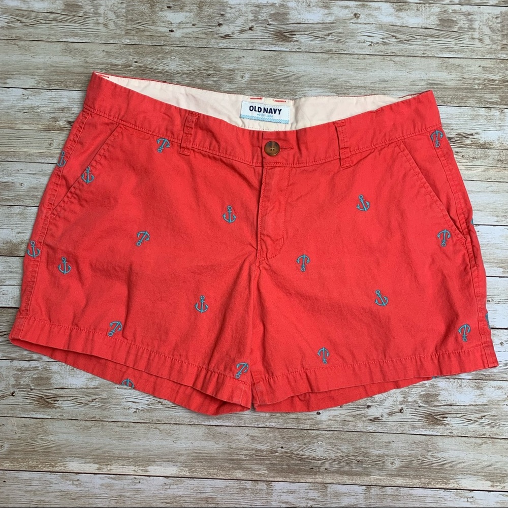 Old Navy chino shorts rebel red orange undertone blue embroidered anchors EUC 8😍